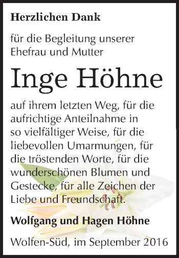 Traueranzeige von Inge Höhne von Mitteldeutsche Zeitung Bitterfeld