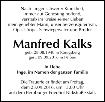 Traueranzeige von Manfred Kalks von Mitteldeutsche Zeitung Bernburg