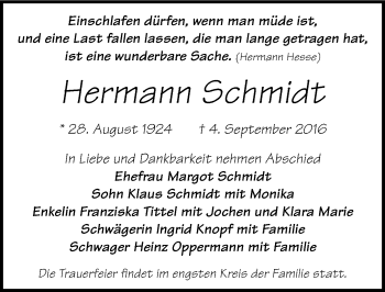 Traueranzeige von Hermann Schmidt von Mitteldeutsche Zeitung Dessau-Roßlau