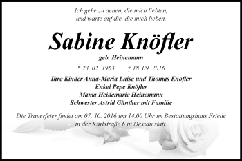 Traueranzeige von Sabine Knöfler von WVG - Wochenspiegel Dessau / Köthen