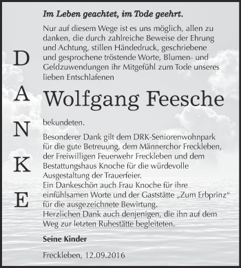 Traueranzeige von Wolfgang Feesche von Super Sonntag Aschersleben