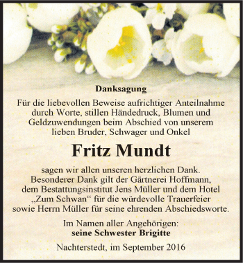 Traueranzeige von Fritz Mundt von Mitteldeutsche Zeitung Aschersleben