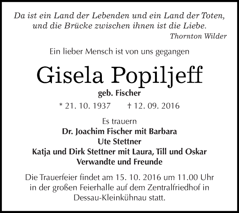  Traueranzeige für Gisela Popiljeff vom 24.09.2016 aus WVG - Wochenspiegel Dessau / Köthen