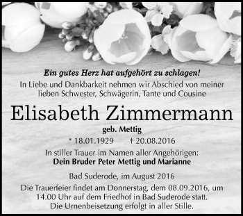 Traueranzeige von Elisabeth Zimmermann von WVG - Wochenspiegel Quedlinburg