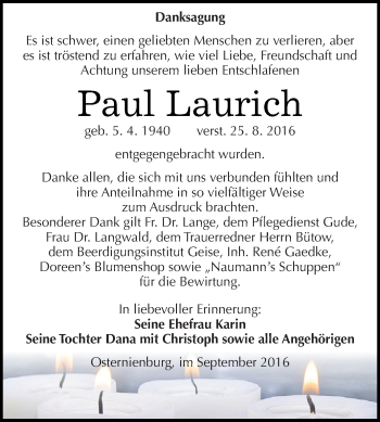 Traueranzeige von Paul Laurich von WVG - Wochenspiegel Dessau / Köthen