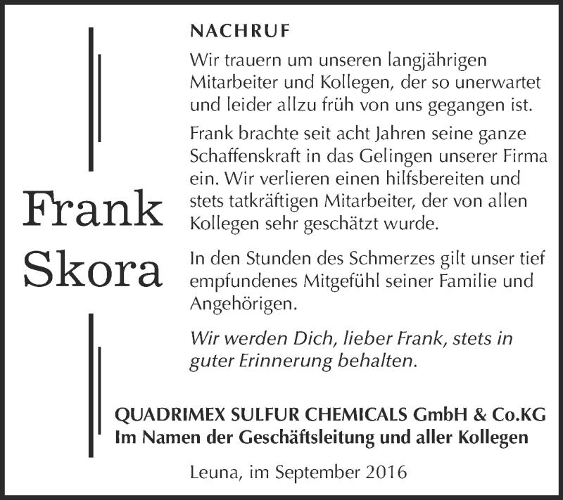  Traueranzeige für Frank Skora vom 10.09.2016 aus WVG - Wochenspiegel Merseburg
