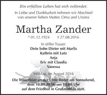 Traueranzeige von Martha Zander von WVG - Wochenspiegel Wittenberg