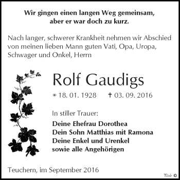 Traueranzeige von Rolf Gaudigs von WVG - Wochenspiegel NMB / WSF / ZTZ