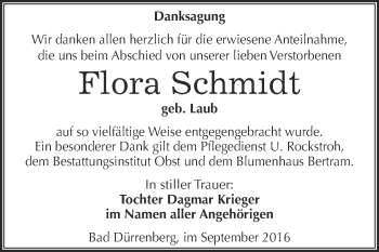 Traueranzeige von Flora Schmidt von Super Sonntag Merseburg