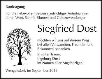 Traueranzeige von Siegfried Dost von Super Sonntag Merseburg
