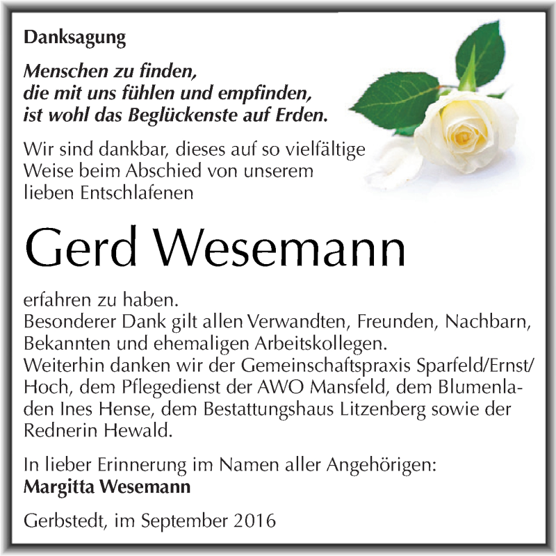  Traueranzeige für Gerd Wesemann vom 28.09.2016 aus Wochenspiegel Mansfelder Land