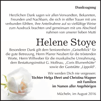Traueranzeige von Helene Stoye von WVG - Wochenspiegel Merseburg