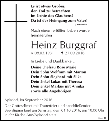 Traueranzeige von Heinz Burggraf von Super Sonntag Zeitz
