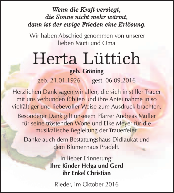 Traueranzeige von Herta Lüttich von WVG - Wochenspiegel Quedlinburg