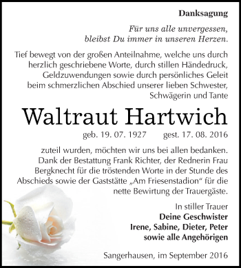 Traueranzeige von Waltraut Hartwich von Super Sonntag SGH Mansf. Land
