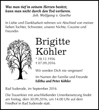 Traueranzeige von Brigitte Köhler von WVG - Wochenspiegel Quedlinburg