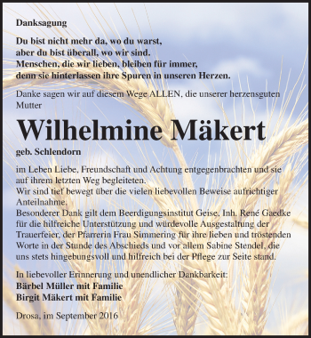 Traueranzeige von Wilhelmine Mäkert von Mitteldeutsche Zeitung Köthen