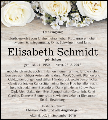 Traueranzeige von Elisabeth Schmidt von WVG - Wochenspiegel Dessau / Köthen