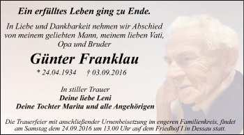 Traueranzeige von Günter Franklau von WVG - Wochenspiegel Dessau / Köthen