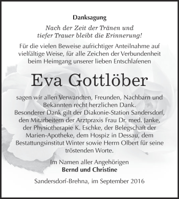 Traueranzeige von Eva Gottlöber von WVG - Wochenspiegel Bitterfeld