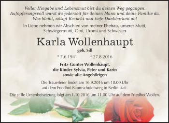 Traueranzeige von Karla Wollenhaupt von WVG - Wochenspiegel Bitterfeld