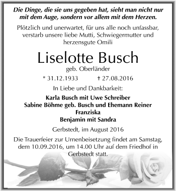 Traueranzeige von Liselotte Busch von Mitteldeutsche Zeitung Mansfelder Land