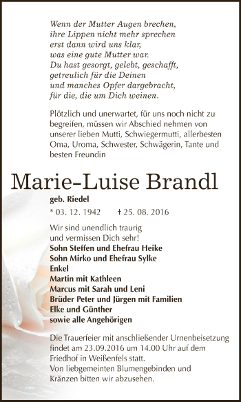 Traueranzeige von Marie-Luise Brandl von WVG - Wochenspiegel NMB / WSF / ZTZ