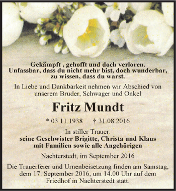 Traueranzeige von Fritz Mundt von Mitteldeutsche Zeitung Aschersleben