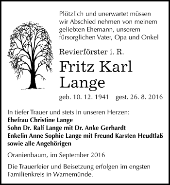 Traueranzeige von Fritz Karl Lange von Mitteldeutsche Zeitung Wittenberg