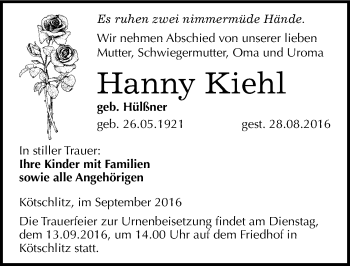 Traueranzeige von Hanny Kiehl von Mitteldeutsche Zeitung Merseburg/Querfurt