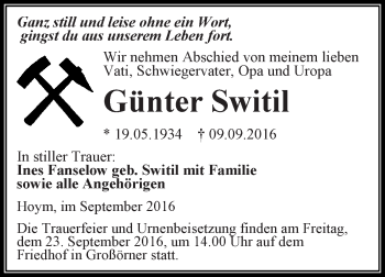 Traueranzeige von Günter Switil von Super Sonntag Aschersleben