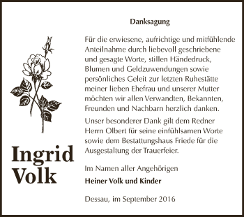 Traueranzeige von Ingrid Volk von WVG - Wochenspiegel Dessau / Köthen