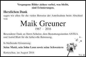 Traueranzeige von Maik Greuner von Super Sonntag Zeitz