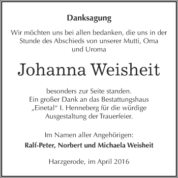 Traueranzeige von Johanna Weisheit 