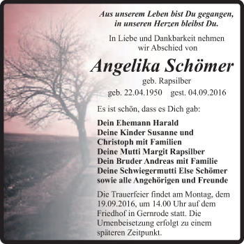 Traueranzeige von Angelika Schömer von Super Sonntag Quedlinburg