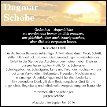 Traueranzeige von Dagmar Schöbe von WVG - Wochenspiegel Dessau / Köthen