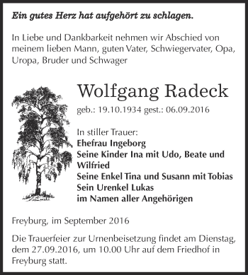 Traueranzeige von Wolfgang Radeck von WVG - Wochenspiegel NMB / WSF / ZTZ
