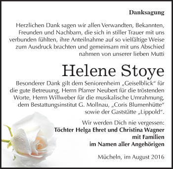 Traueranzeige von Helene Stoye von Mitteldeutsche Zeitung Merseburg/Querfurt
