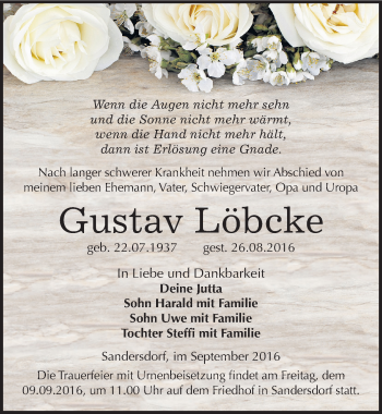 Traueranzeige von Gustav Löbcke von Mitteldeutsche Zeitung Bitterfeld