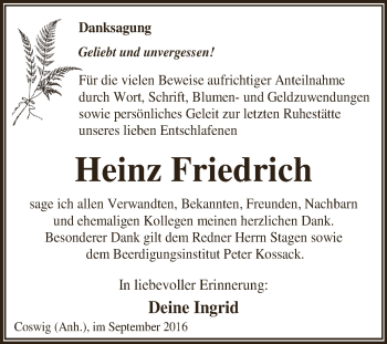 Traueranzeige von Heinz Friedrich von WVG - Wochenspiegel Dessau / Köthen