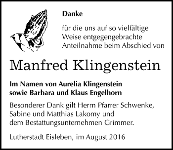 Traueranzeige von Manfred Klingenstein von Mitteldeutsche Zeitung Mansfelder Land