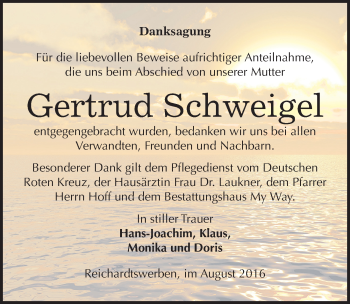 Traueranzeige von Gertrud Schweigel von Mitteldeutsche Zeitung Weißenfels