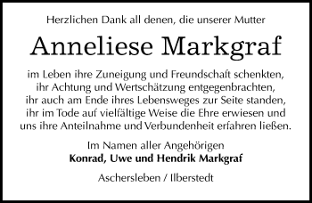 Traueranzeige von Anneliese Markgraf von Mitteldeutsche Zeitung Bernburg
