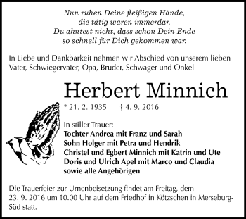 Traueranzeige von Herbert Minnich von WVG - Wochenspiegel Merseburg