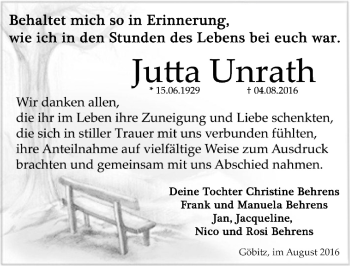 Traueranzeige von Jutta Unrath von Mitteldeutsche Zeitung Zeitz