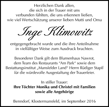Traueranzeige von Inge Klimowitz von Mitteldeutsche Zeitung Mansfelder Land