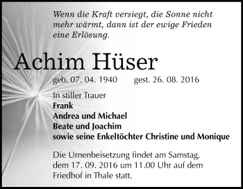 Traueranzeige von Achim Hüser von WVG - Wochenspiegel Quedlinburg