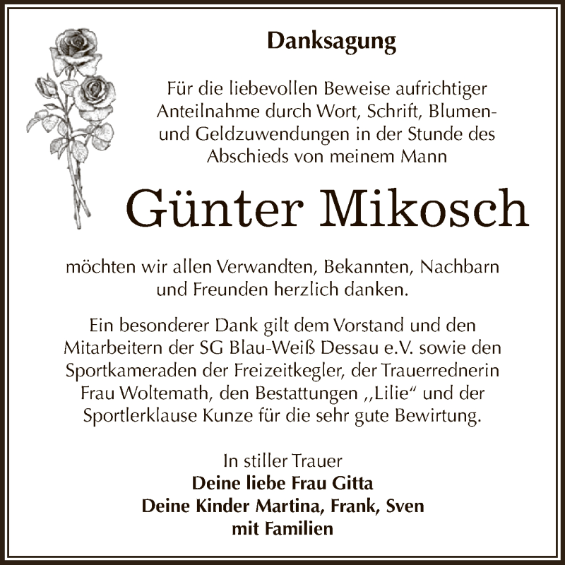  Traueranzeige für Günter Mikosch vom 03.09.2016 aus WVG - Wochenspiegel Dessau / Köthen