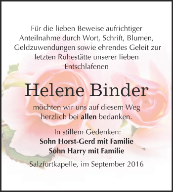Traueranzeige von Helene Binder von WVG - Wochenspiegel Bitterfeld