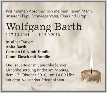 Traueranzeige von Wolfgang Barth von Mitteldeutsche Zeitung Halle/Saalkreis